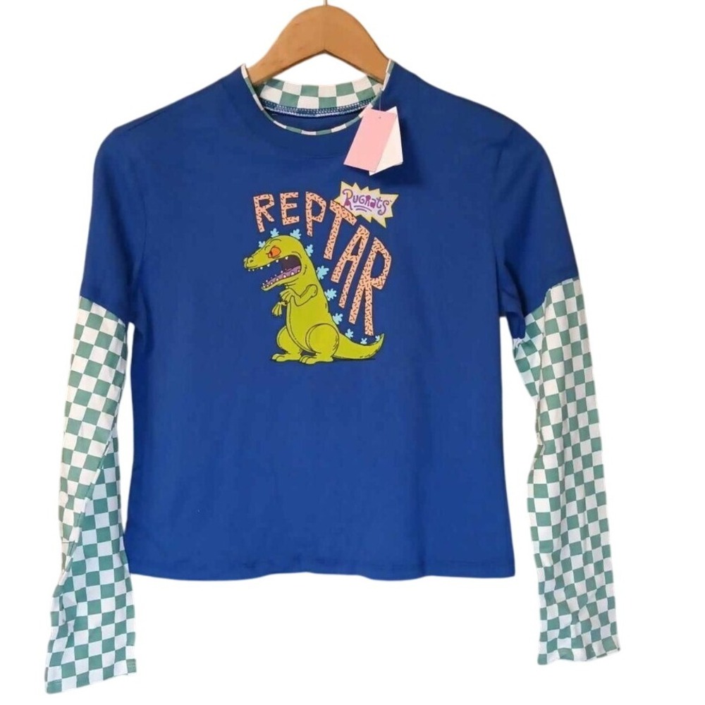 Nickelodeon Rugrats Reptar Long Sleeve T Shirt Blue Green Checker Kids XS